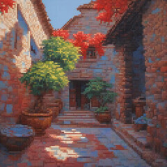 Obraz premium Pixel art courtyard with lush potted plants