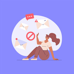 Spam message illustration. User receiving spam email and using anti-spam protection. Concept of spam software spreading, ad blocking, phishing attack, noise advertising. Vector flat cartoon design