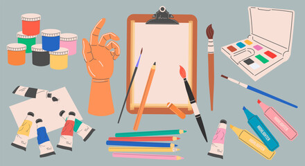 A set of art supplies for drawing: watercolors, paints in tubes, colored pencils, acrylics, markers, different brush size, a desktop easel with a clip, paper, a model of a wooden hand. Flat vector.