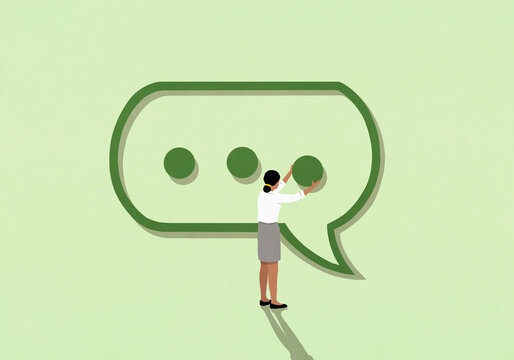 Businesswoman removing dot from speech bubble text message ellipsis on green background
