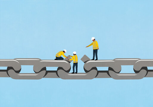 Construction workers fixing broken weak link on chain
