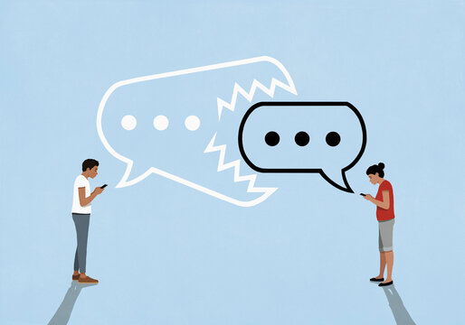 Couple texting, woman's speech bubble ellipsis eating man's text message bubble
