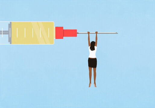 Woman hanging from large syringe
