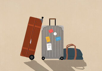 Luggage with travel stickers on beige background
