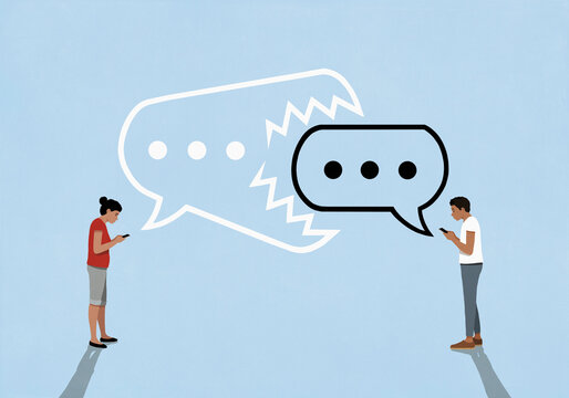Couple texting, woman's speech bubble ellipsis eating mans text message bubble
