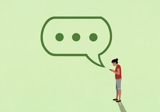 Ellipsis speech bubble above woman texting with smart phone on green background
