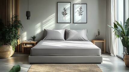 Smooth gray bed sheet with a wrinklefree finish draped over a modern lowprofile bed in a minimalist bedroom with neutral tones