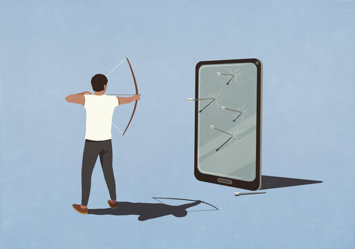 Man with bow shooting arrows at smart phone screen on blue background
