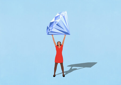 Woman triumphantly holding large diamond overhead on blue background

