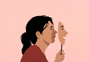 Sad woman hiding behind happy face mask
