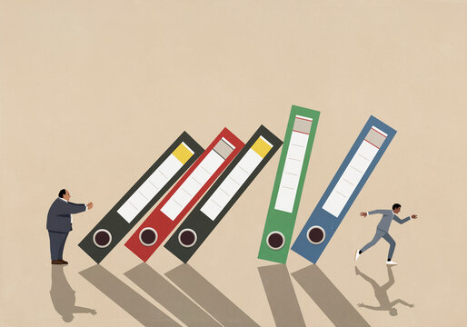 Boss pushing falling binders toward running businessman on beige background
