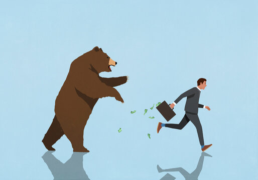 Bear chasing businessman investor with money briefcase on blue background
