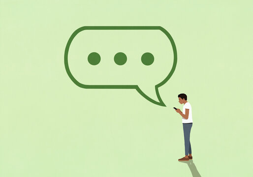 Ellipsis text message bubble over man texting with smart phone on green background
