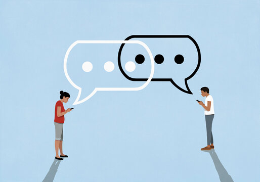 Ellipsis text message bubbles above couple texting with smart phones on blue background
