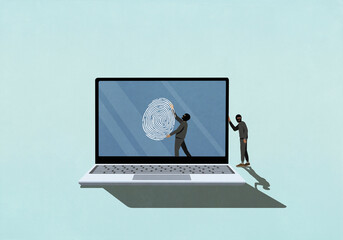 Identity thieves stealing fingerprint off laptop screen
