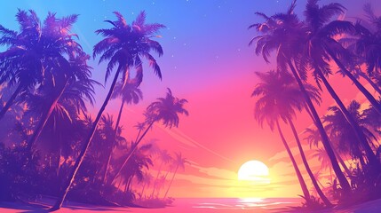 Silhouetted palm trees against a glowing neon sky, representing tropical vibes.