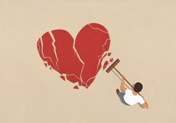 Man with broom sweeping up broken heart
