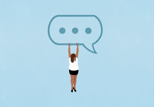 Woman hanging from ellipsis text message bubble on blue background
