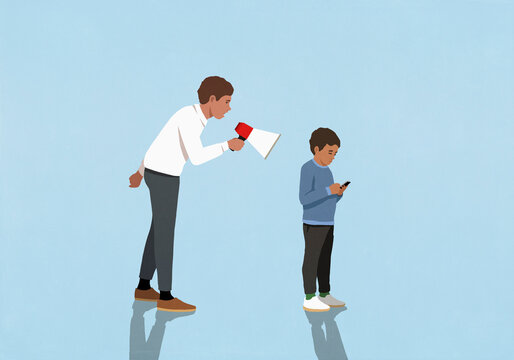Angry father with bullhorn shouting at oblivious son texting with smart phone on blue background

