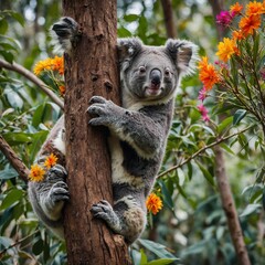 A koala climbing a tree in a bright green forest with colorful flowers in the background.