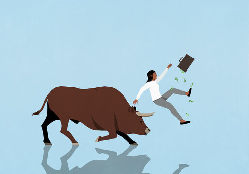 Bull with horns bumping businesswoman investor with money briefcase
