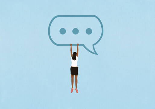 Young woman hanging from text message ellipsis on blue background
