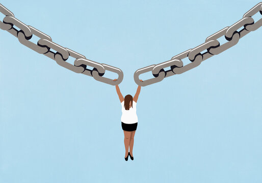 Woman hanging from broken chain links on blue background
