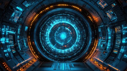 Fototapeta premium Futuristic Spaceship Interface: A Cyberpunk Sci-Fi Digital Art. Neon Lights, Glowing Screens, and Abstract Circular Tunnel Design. Explore the Cosmos and Virtual Reality.