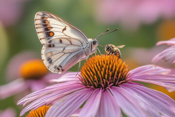 Fototapeta premium A close-up of a wildflower with a butterfly and bee interacting, capturing a peaceful and intimate moment of nature's pollination process. The vibrant colors and gentle sunlight emphasize the delicate