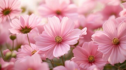 Obraz premium A vibrant display of delicate pink flowers in full bloom, showcasing soft petals and lush greenery, creating a serene and inviting atmosphere.