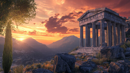 Obraz premium Ancient Greek temple with sunset and mountain background
