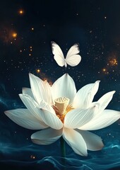 Elegant White Lotus Flower with Butterfly in Cosmic Background