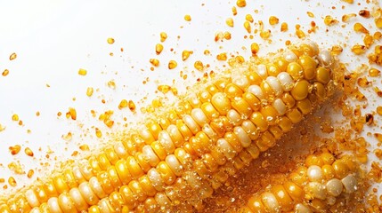 Lush kernels of vibrant yellow corn glisten with droplets, showcasing a perfect summer harvest. The cob radiates freshness, inviting culinary creativity and enjoyment