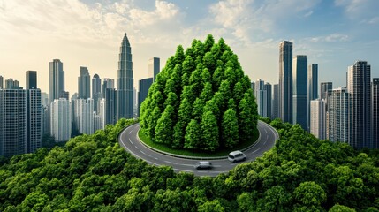 Fototapeta premium Urban Landscape with Green Hill and Highway Surrounded by Trees