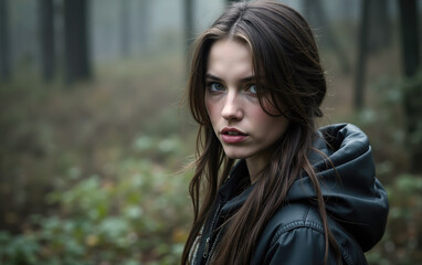Woman with Brown Hair in Forest Setting