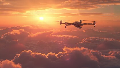 Fototapeta premium Drone soaring above clouds at sunset