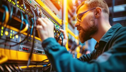 Network engineer working in server room