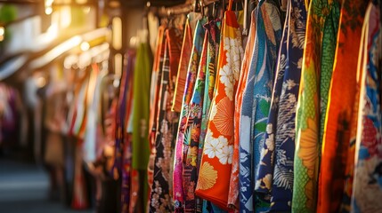A Colorful Array of Kimonos in a Culturally Rich Market Underneath the Warm Sunlight