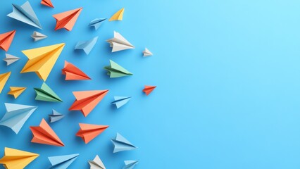 Colorful paper airplanes flying across a blue background