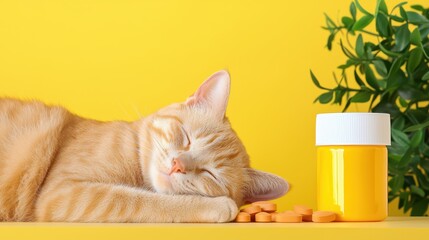 Orange Cat Sleeping on Yellow Surface with Medicine Jar and Leaves