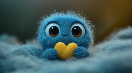 A cute blue wool monster with big eyes, a yellow heart-shaped belly. Copy space, place for text, funny horizontal postcard or poster for Valentines Day