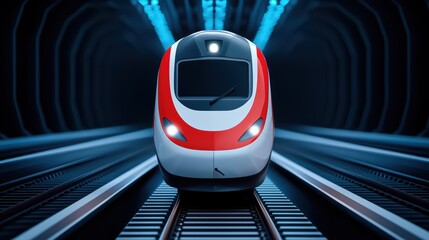 Fototapeta premium Sleek Modern Train Approaching in a Futuristic Tunnel Environment
