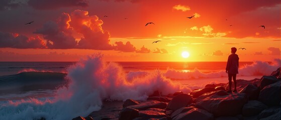 A person stands on a rocky shoreline, watching the sun set over the ocean
