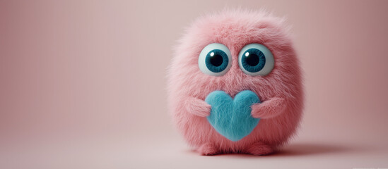 Fototapeta premium A cute pink wool monster with big eyes, a blue heart-shaped belly. Copy space, place for text, funny horizontal postcard or poster for Valentines Day