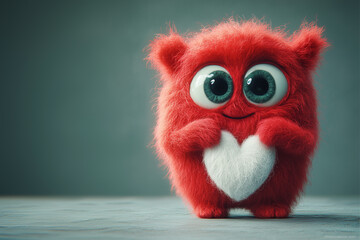 Fototapeta premium A cute red wool monster with big eyes, a white heart-shaped belly. Copy space, place for text, funny horizontal postcard or poster for Valentines Day