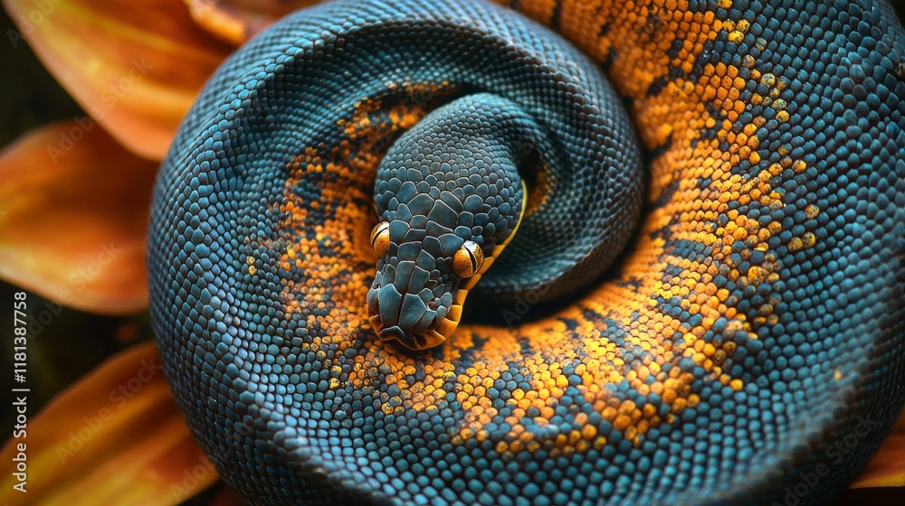 Aufkleber A ball python elegantly curls around a colorful flower, highlighting its intricate scales and unique markings