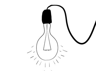 A simple schematic image of an incandescent light bulb emitting light on a white background, twisted into a black electrical socket with wires. The subject of electricity and electrical appliances.