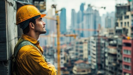 Construction worker gazes at city skyline during afternoon shift