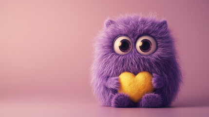 Fototapeta premium A cute purple wool monster with big eyes, a yellow heart-shaped belly. Copy space, place for text, funny horizontal postcard or poster for Valentines Day