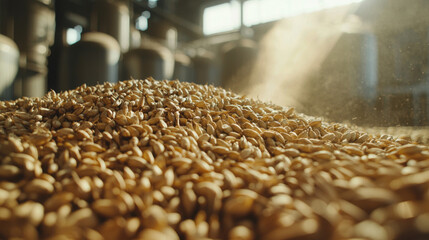 Obraz premium Barley grains illuminated in sunlight at a brewing factory